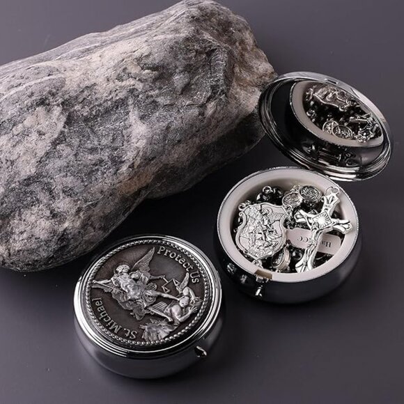 Saint Michael the Archangel Hematite Black Stone Beads Rosary Metal Gift Box